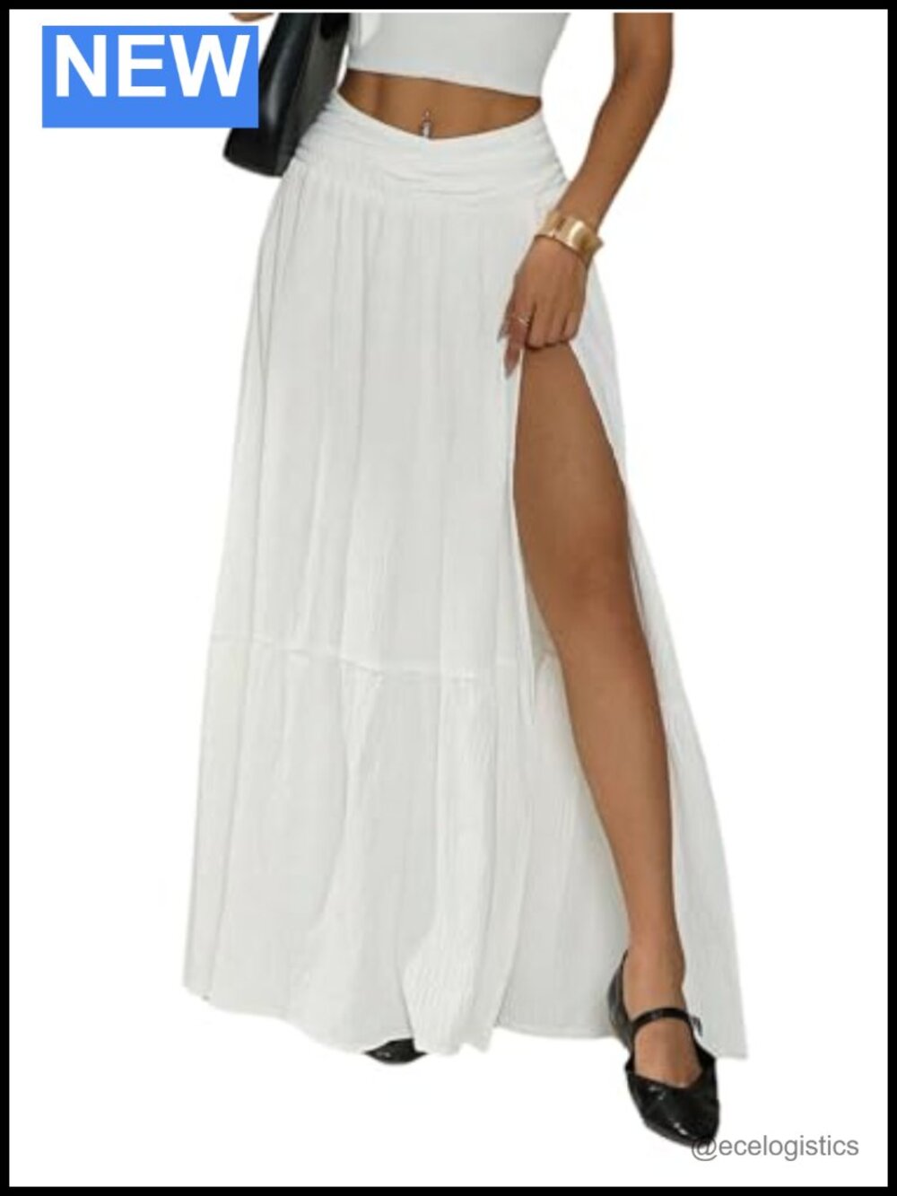 Flowy High Waist Ruffle Hem Maxi Skirt with Thigh Split Beach Casual